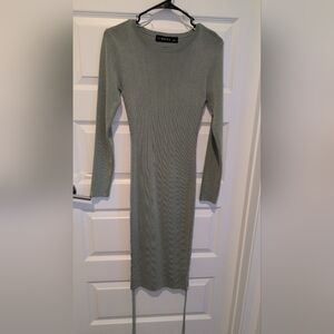 Olive Green Ribbed Long-Sleeve Midi Dress